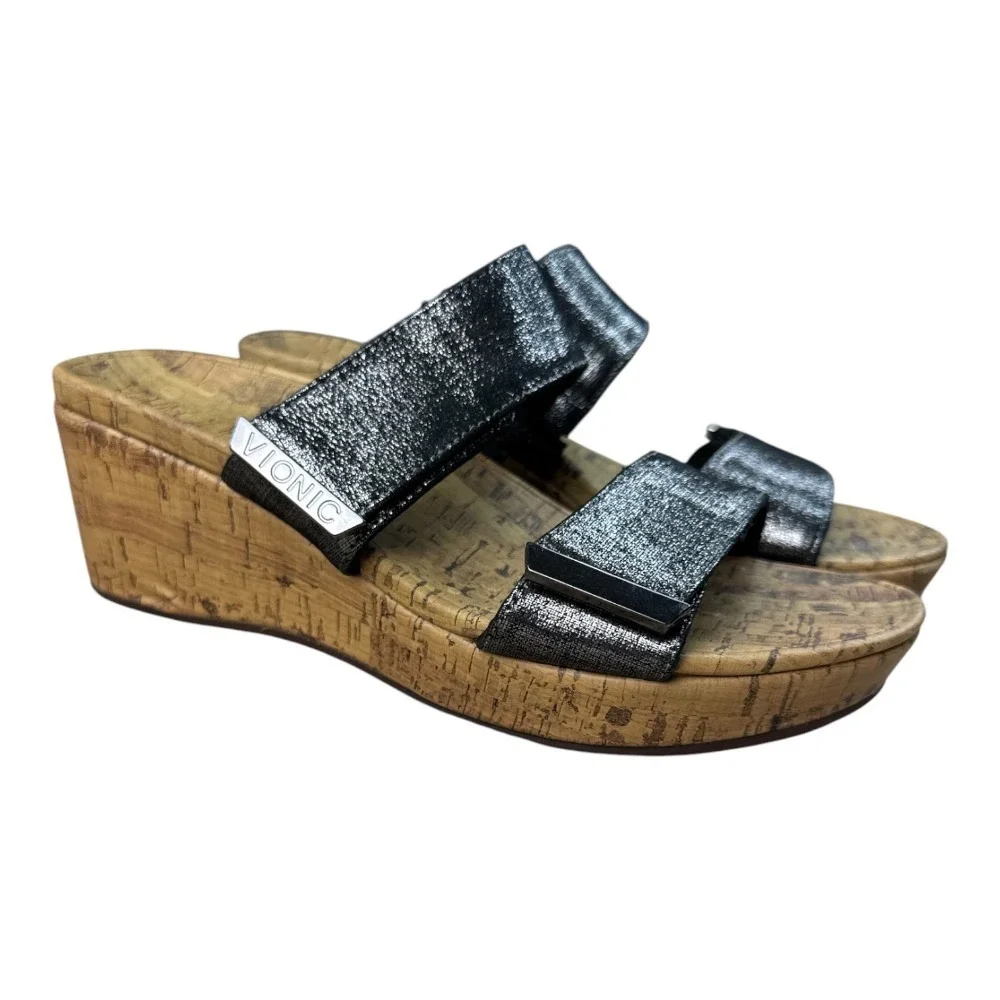 Vionic Pepper Black Metallic Foil Cork Wedge Slide Sandals Womens Size 8 TVW5251